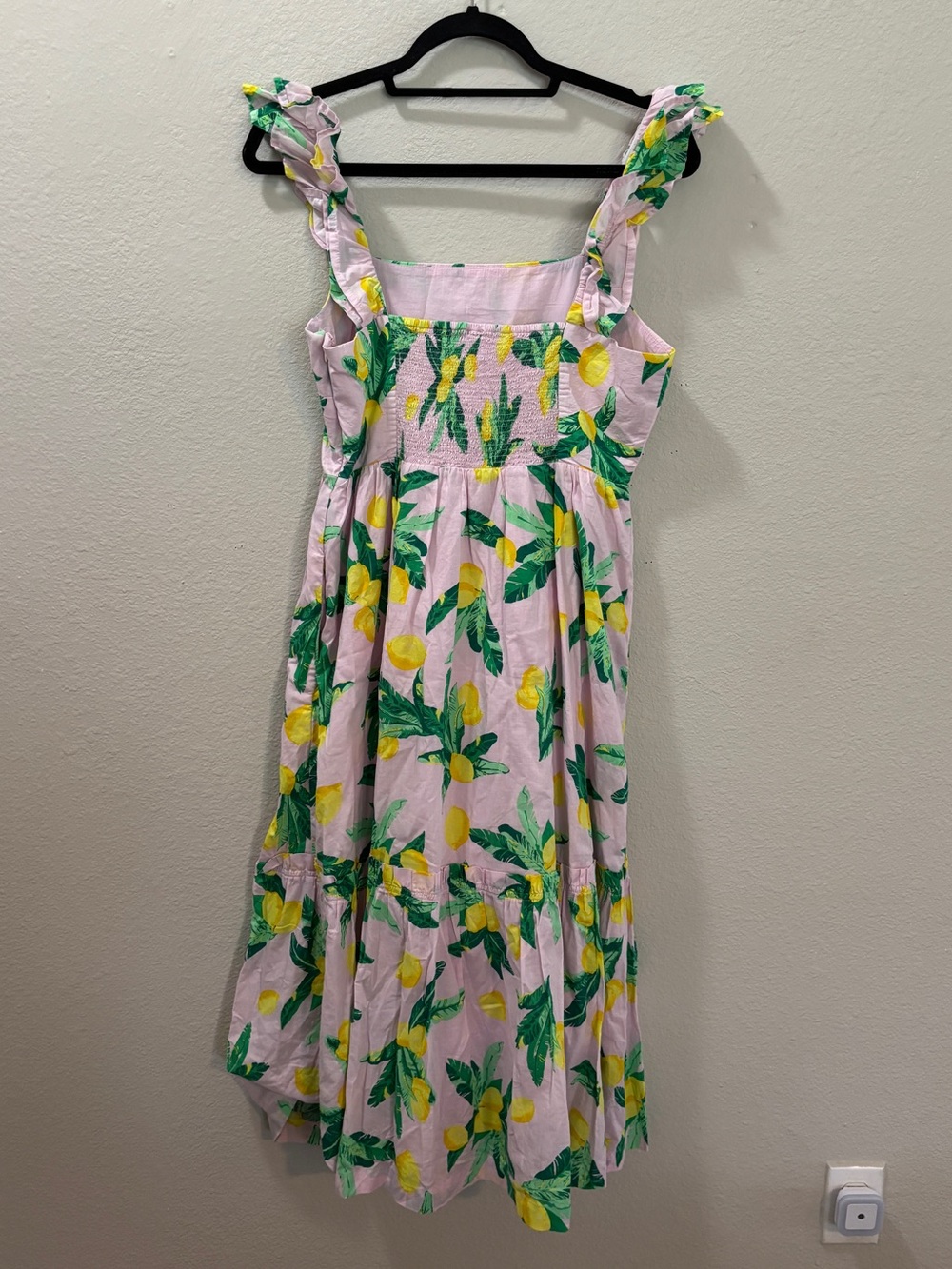 J. Crew Pink Lemon Print Ruffle Strap Smocked Back Cotton Midi Dress Size 8 - Picture 3 of 9